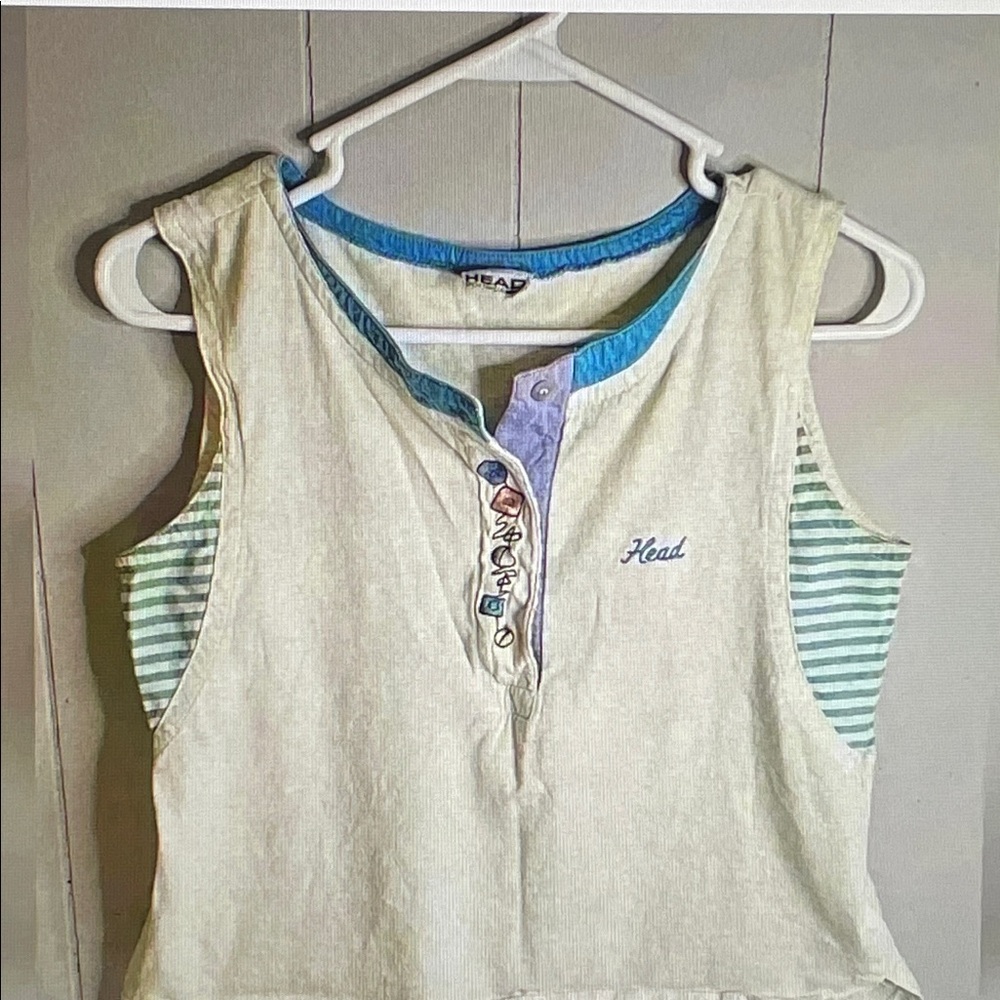 Head Cream Sleeveless Tank with Blue Trim and Green-Striped Sides